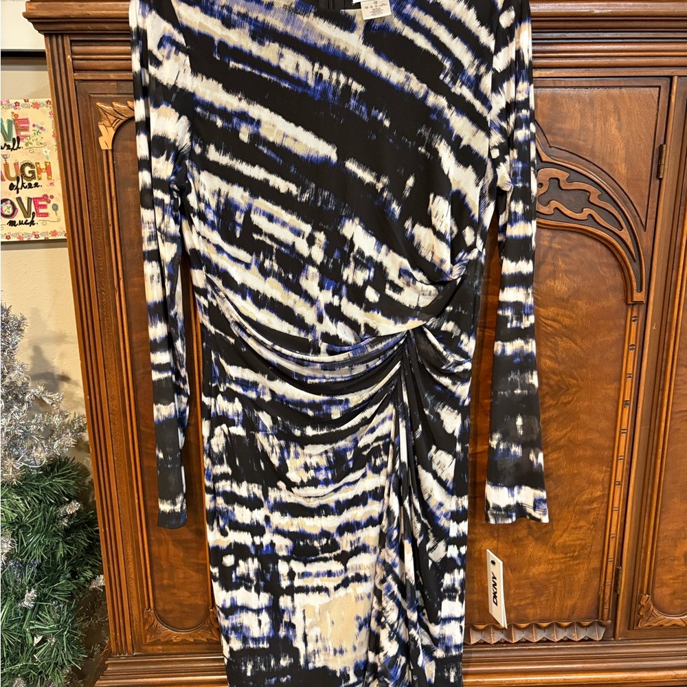 DKNY Black and Blue Patterned Long Sleeve Dress